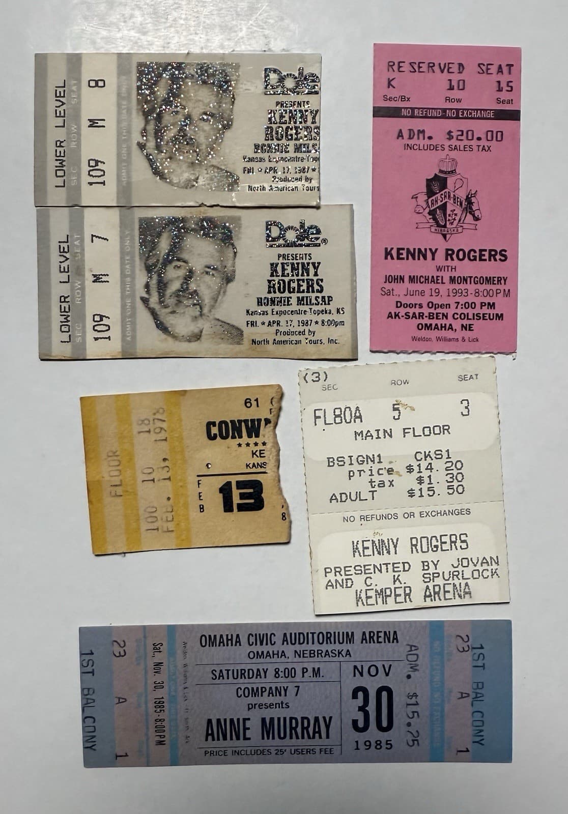Concert Tickets KENNY ROGERS Conway Twitty & Anne Murray - 1978 1985 1987 1993