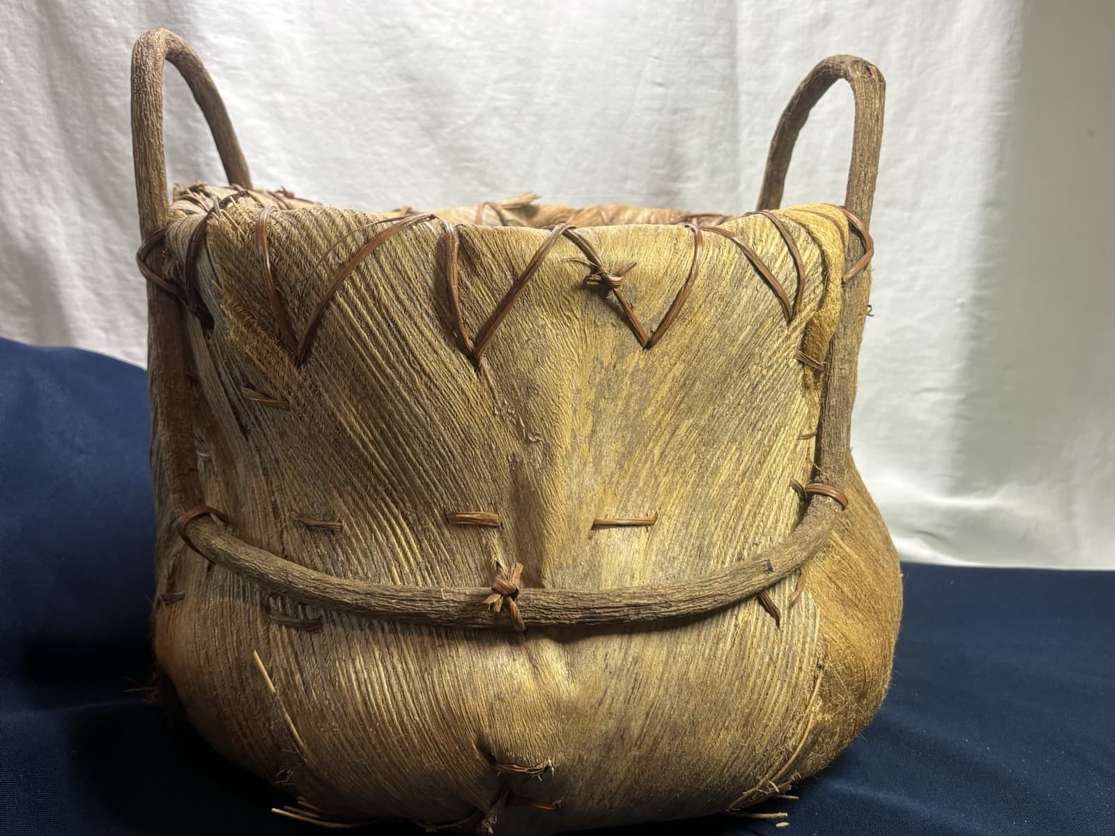 African Coconut Husk Curved Vine Handles Large Primitive Basket. Estate Item EUC