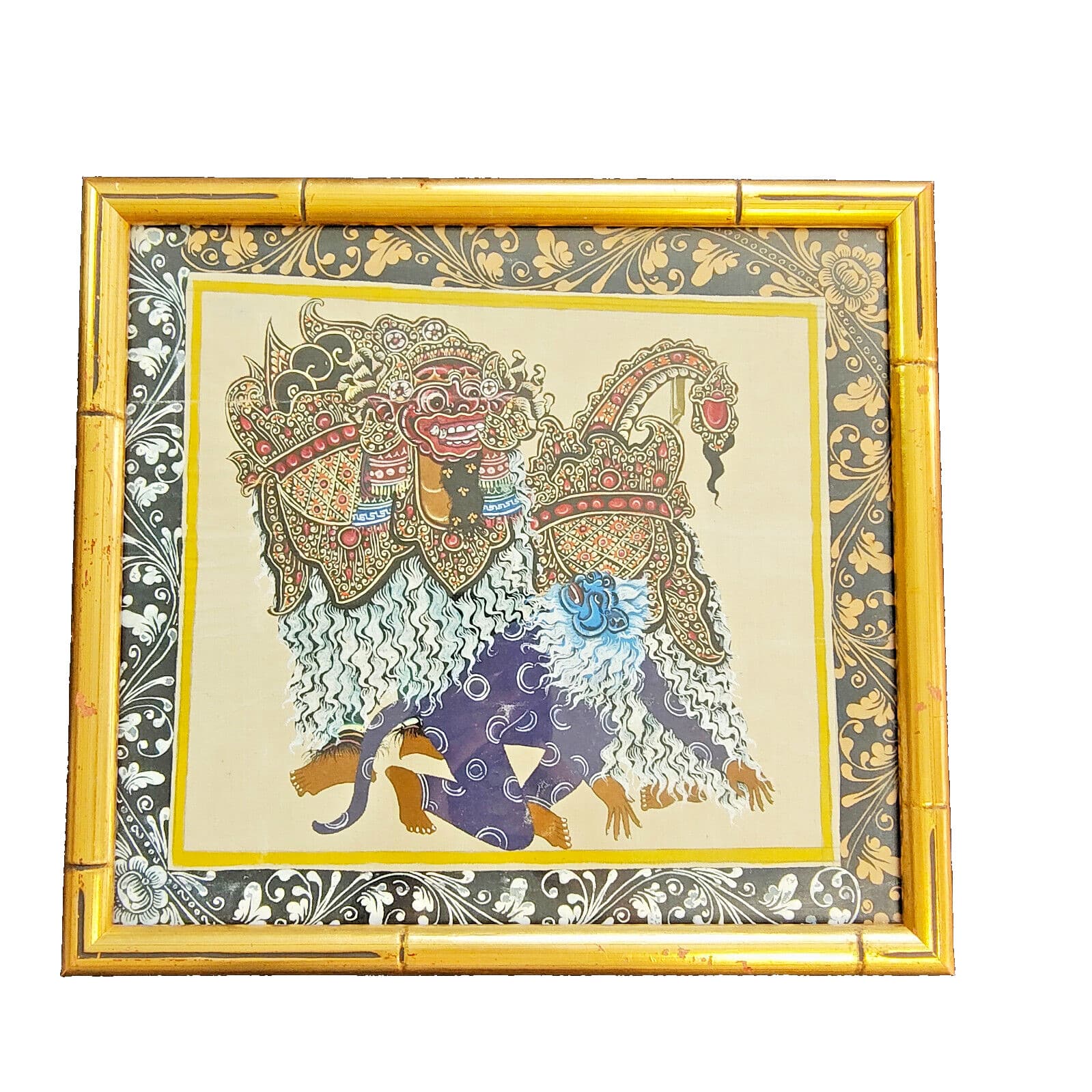 Vintage Bali Balinese Barong Dance Painting on Cloth Framed Folk Art 11" x 12"