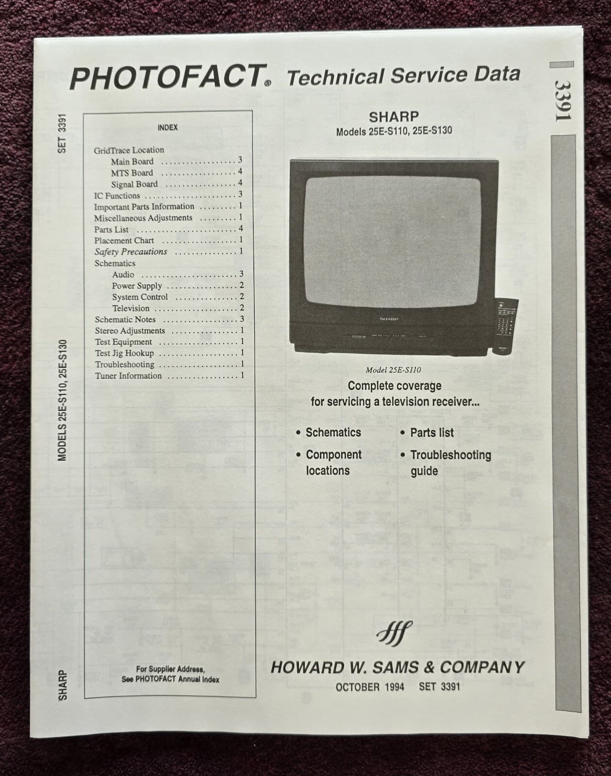 Sams Photofact 3391 Service Manual for Sharp Television Model 25E-S110, 25E-S130