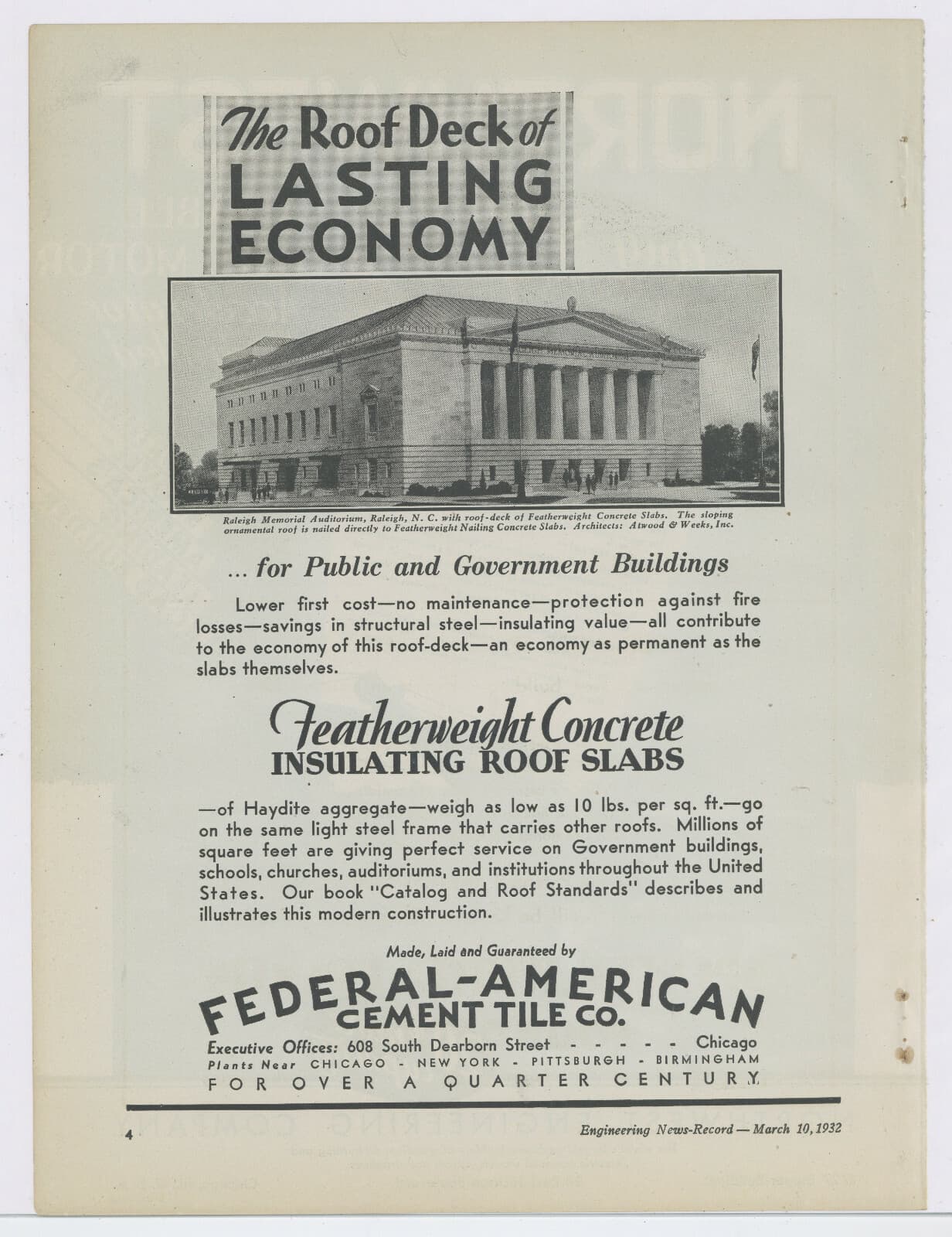 1932 Federal American Ad: Raleigh Memorial Auditorium, Raliegh, North Carolina