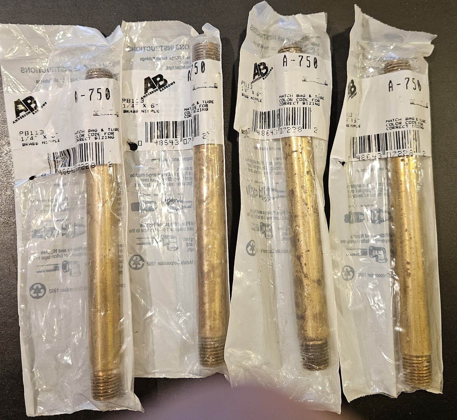 6" AB 1/4" NPT Brass Pipe Nipples Threaded Both Ends Lot of 4