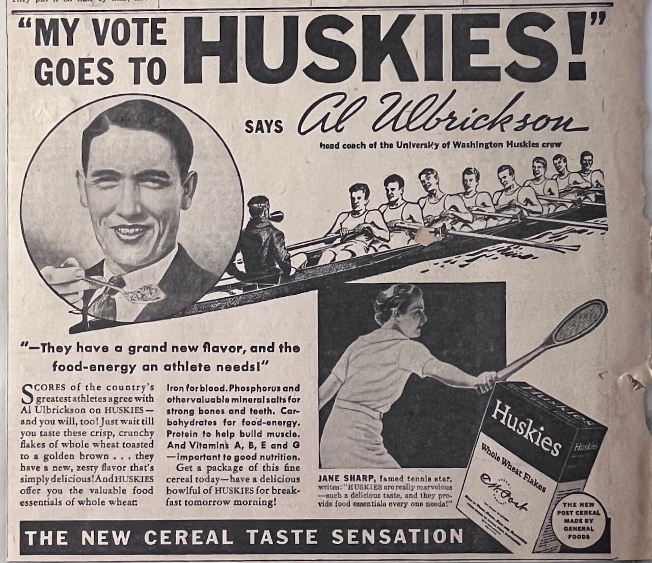 1936 newspaper ad for Huskies Cereal - Al Ulbrickson Washington Huskies rowing