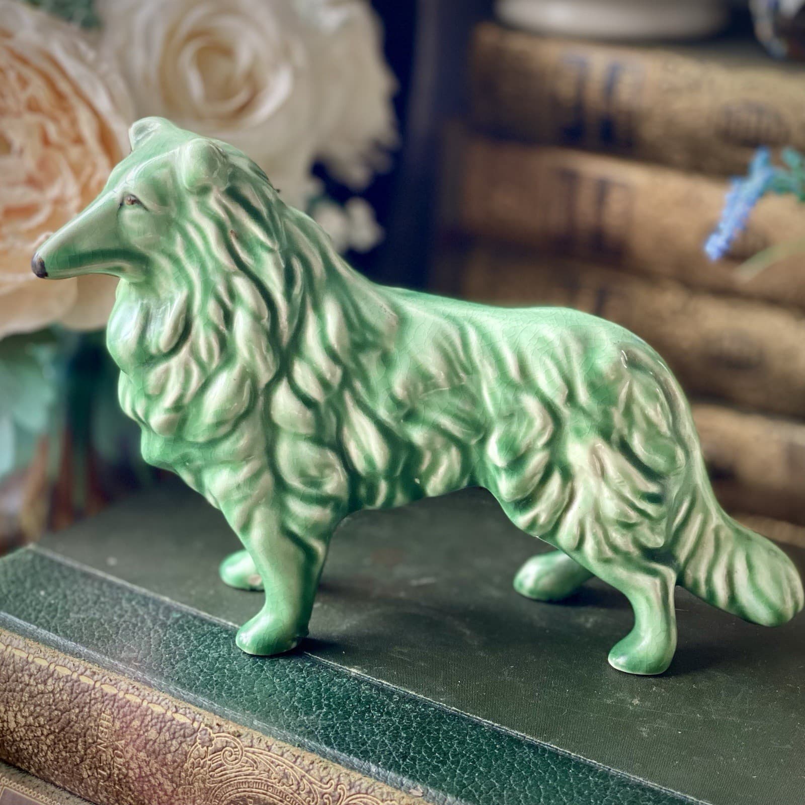 SylvaC Rough Collie Dog Green Figurine #1548 Vintage Excellent