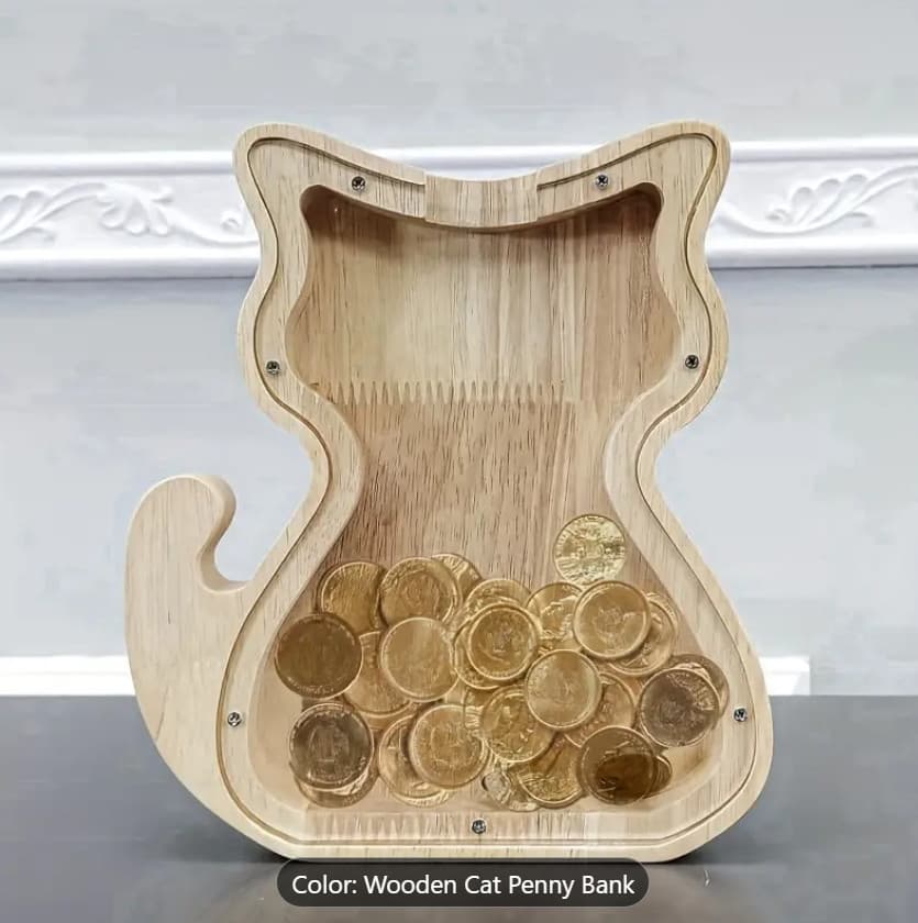 Wooden Cat-Animal Shaped Penny Bank with Clear Glass Lid Home Decor Gift