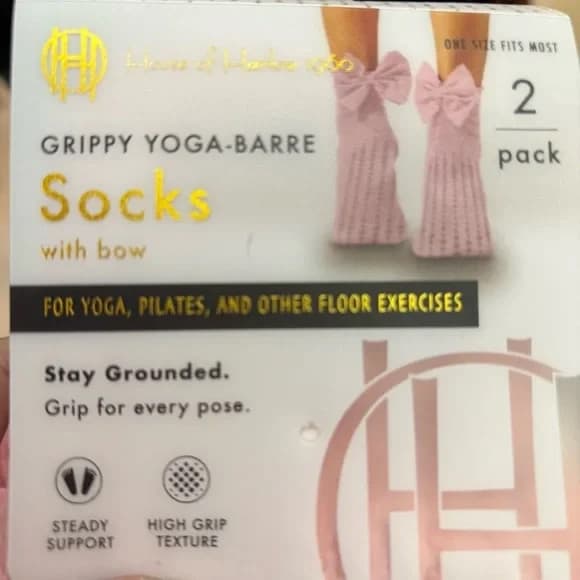House Of Harlow 2Pk Grippy Yoga-Barre Socks w/Bow No Slip 1 Sz Fits Most Whi/Pnk