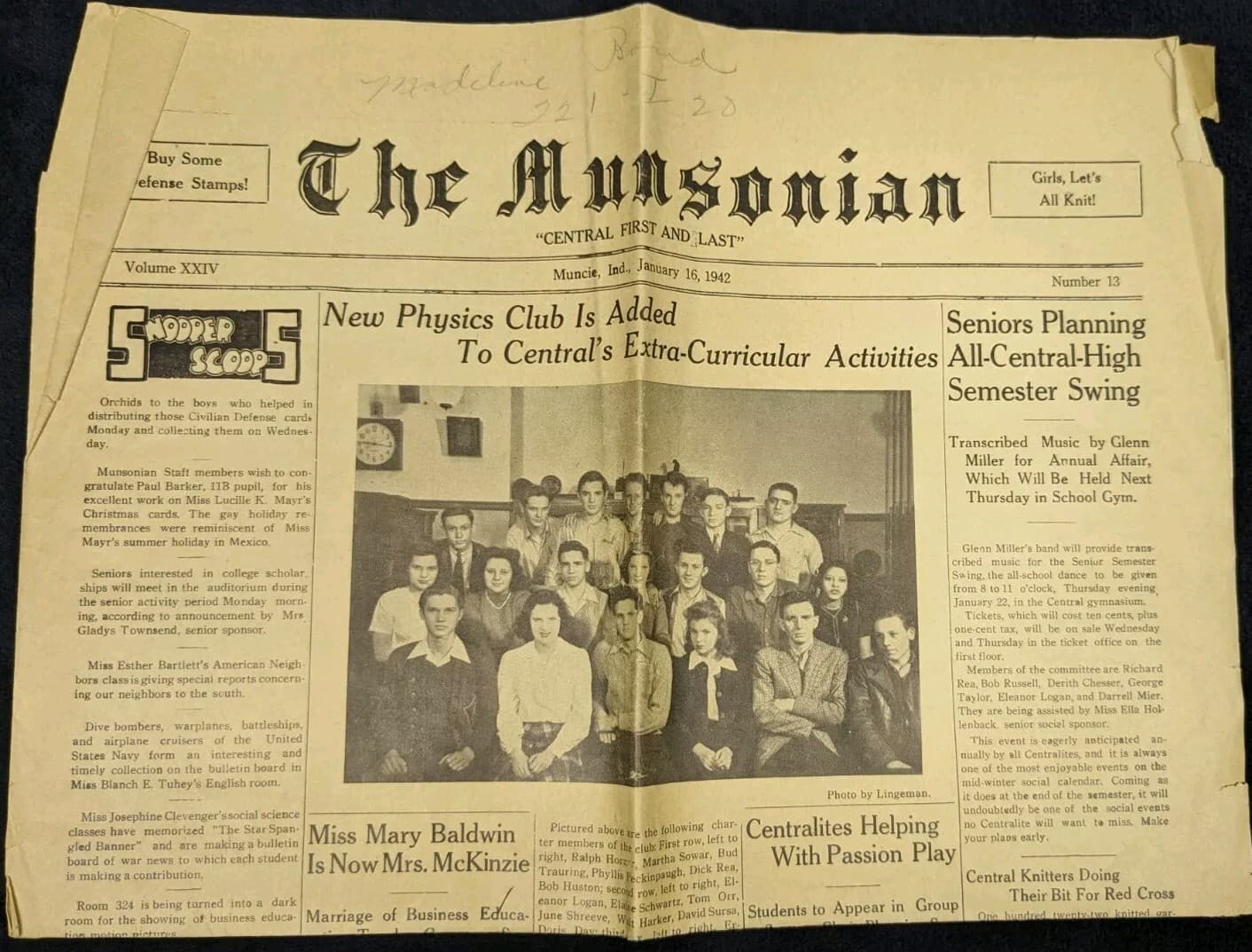 Munsonian Newspaper 1942 Muncie Indiana IN WW2 World War II Central High School