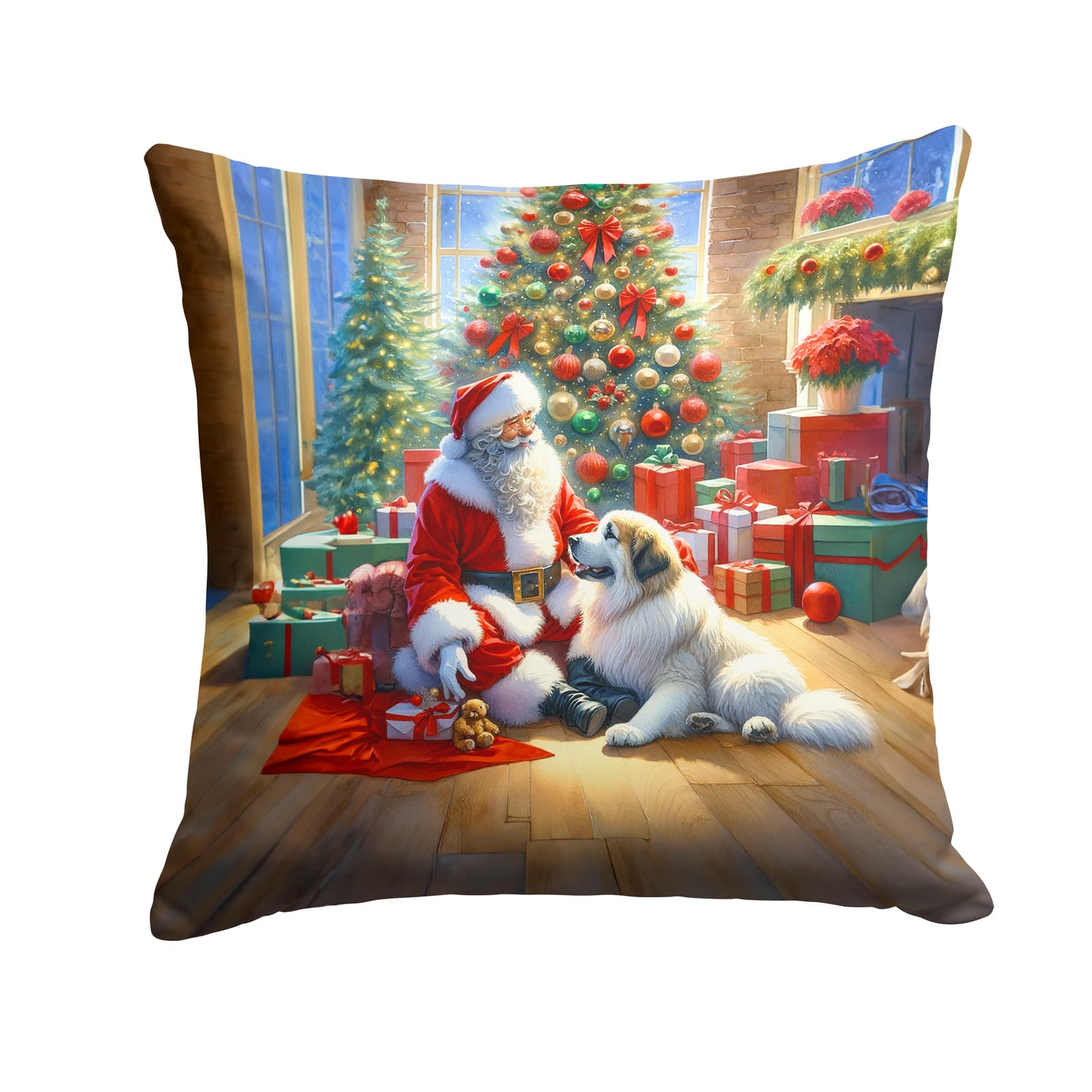 Great Pyrenees and Santa Claus Christmas Fabric Decorative Pillow DAC4120PW1414