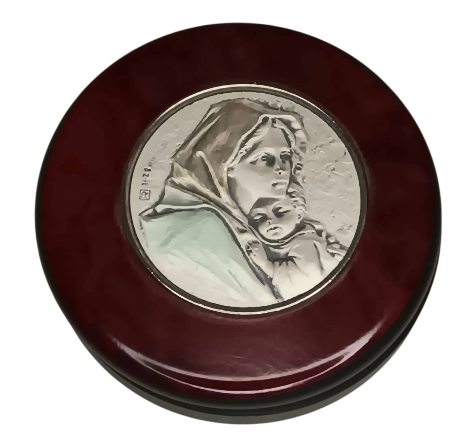 VTG Madonna & Child Rosary Box Sterling Silver & Wood Jewelry Trinket Box 3"x1"