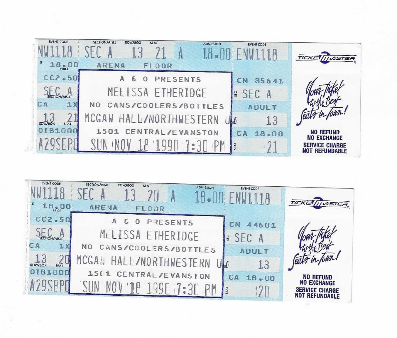 Melissa Etheridge Unused Concert Tickets From 11/18/1990