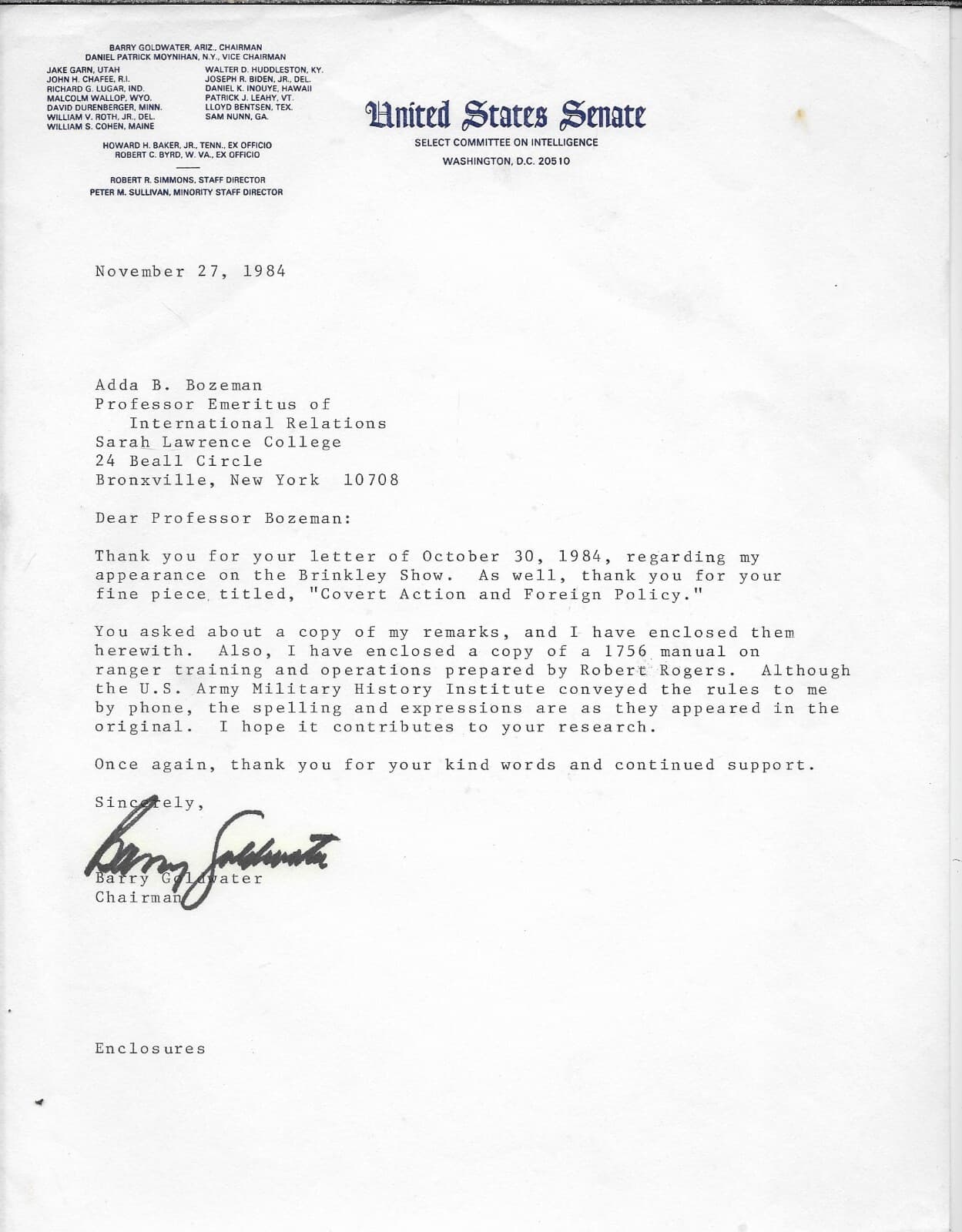 BARRY GOLDWATER tls from 1984 typed letter signed + David Brinkley show remarks