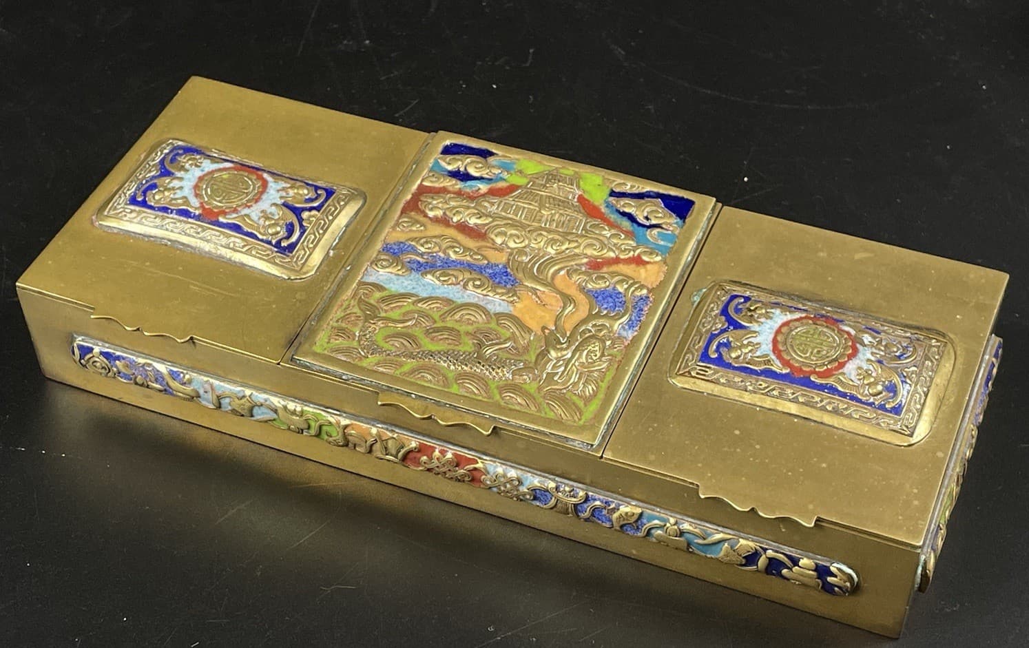 Vintage Chinese Brass & Enameled Stamp Jewelry Trinket Box Temple & Chinoiserie