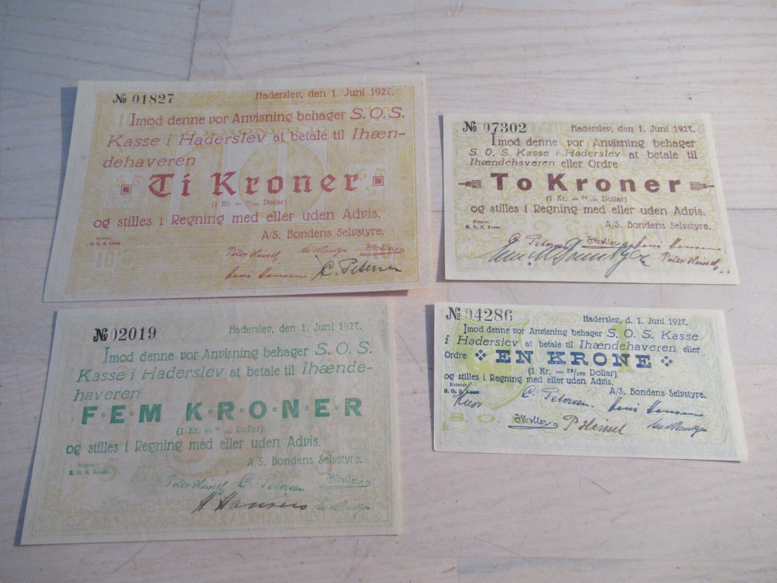 4 Danish Banknotes from Haderslev Denmark 1927