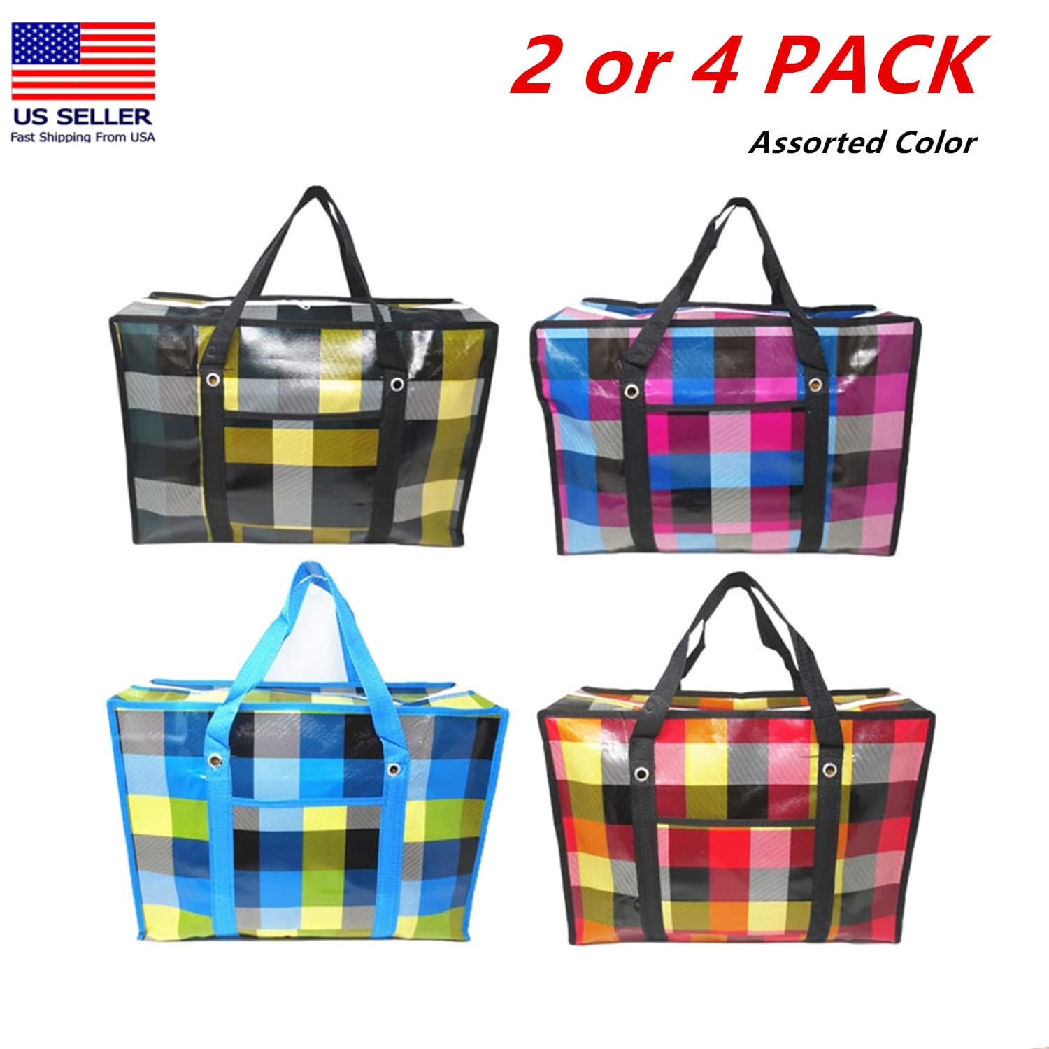 2/4 Reusable Large Plastic Fabric Shopping Laundry Moving Storage Bag Zipper