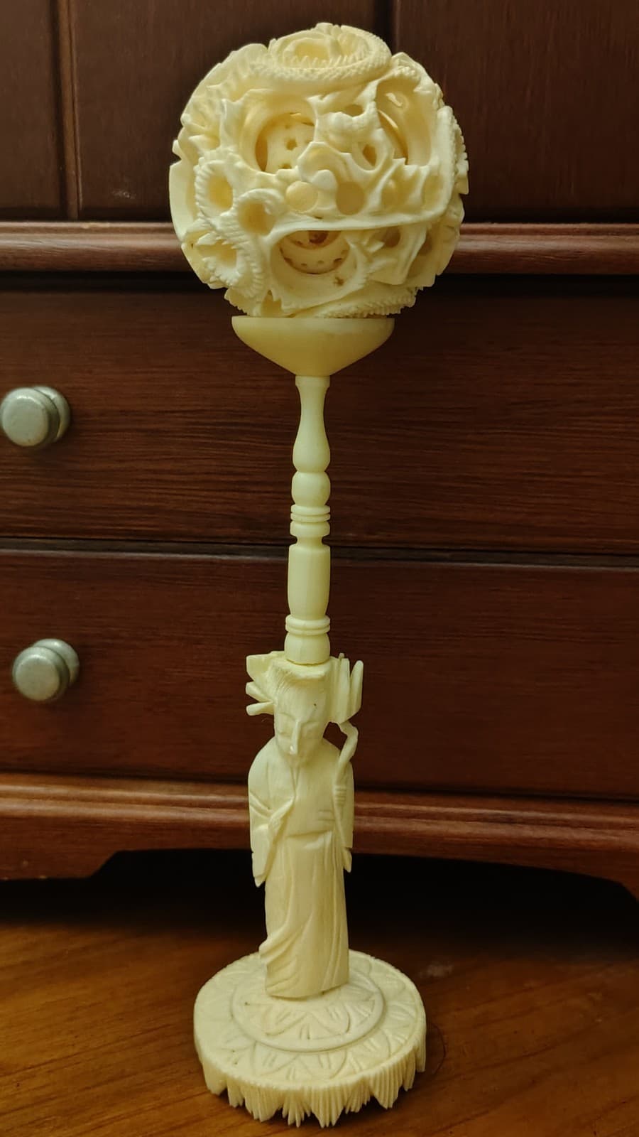 Antique hand carved Chinese Puzzle Ball w/ stand Ornately carved ball and stand