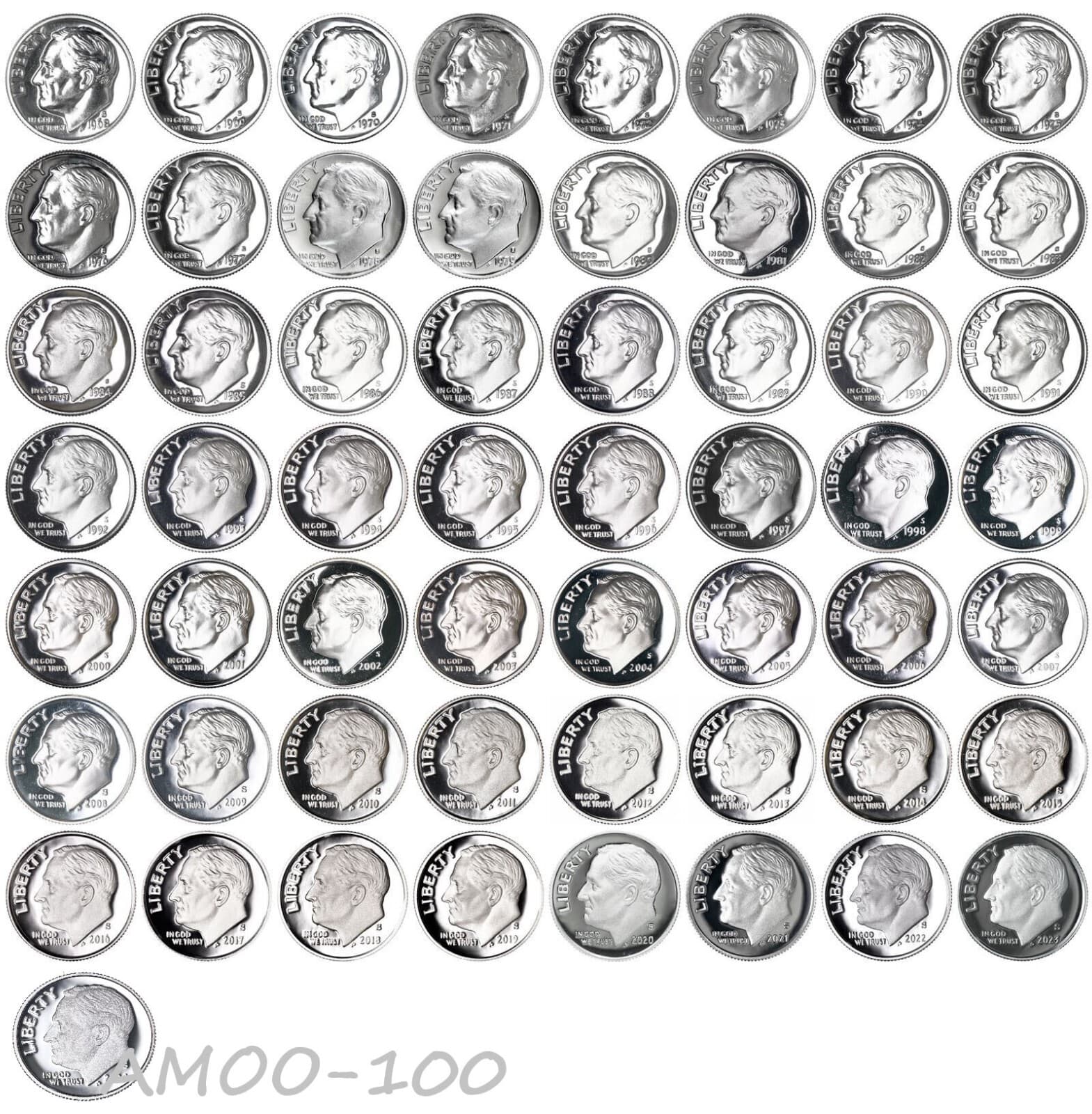 1968-2025 S Proof Clad Roosevelt Dime 58 Coin Set