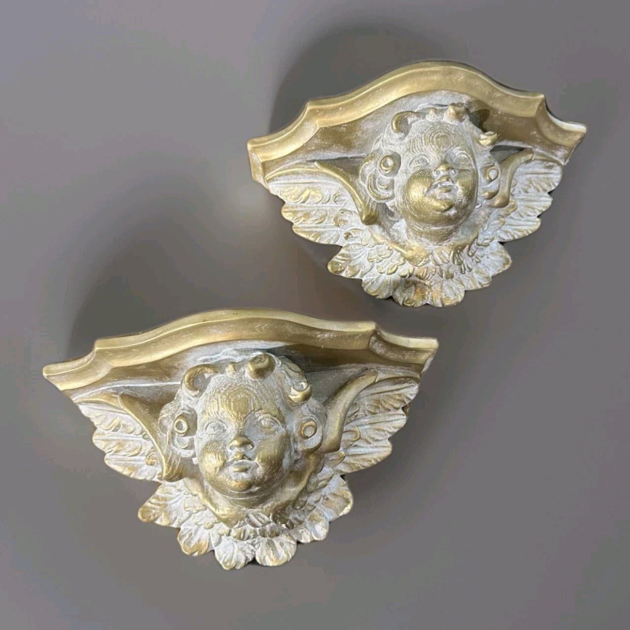 Pair of Gold Resin Cherub Wall Shelves Putti Angel Face Console Brackets 10.5"