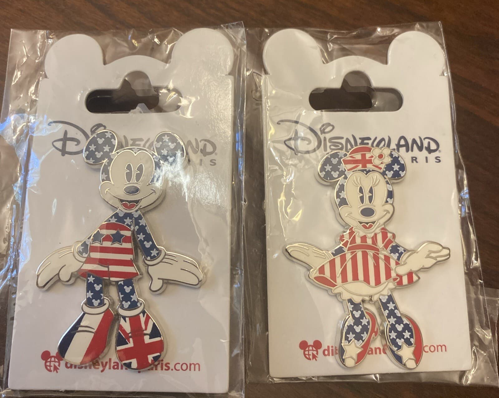VERY RARE 2 PINS DISNEY DISNEYLAND PARIS MICKEY MINNIE STARS & STRIPES USA UK FR