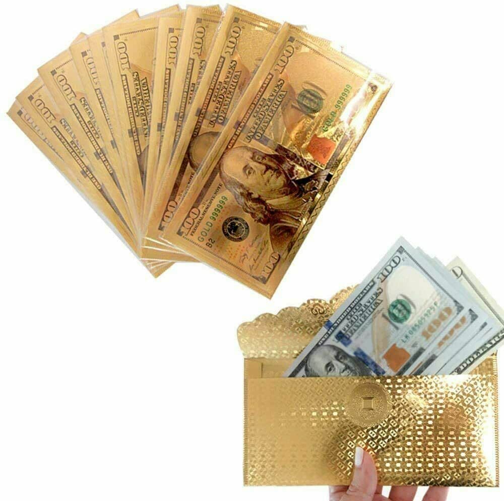 10 PCS Gold Plated USA $100 Dollar Bill Envelopes Money Banknote Novelty Gift!