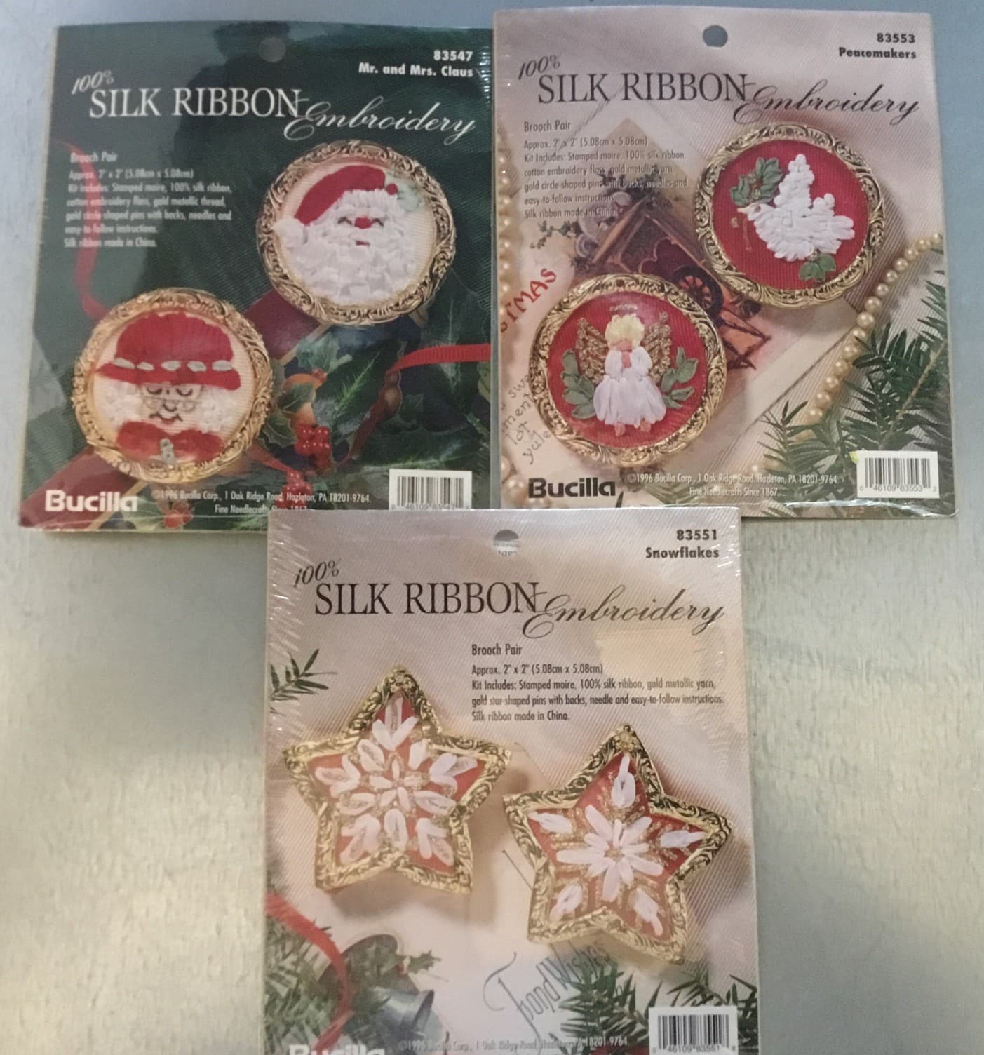 Lot Of 3 Bucilla 100% SILK RIBBON Embroidery Framed Christmas Ornaments Kits