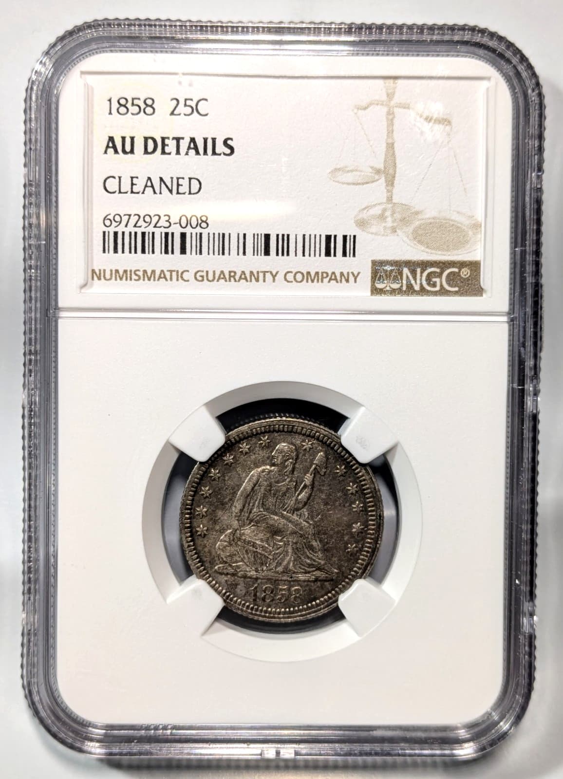 1858 Seated Liberty Silver Quarter NGC AU 25c Twenty Five Cent Philadelphia Mint