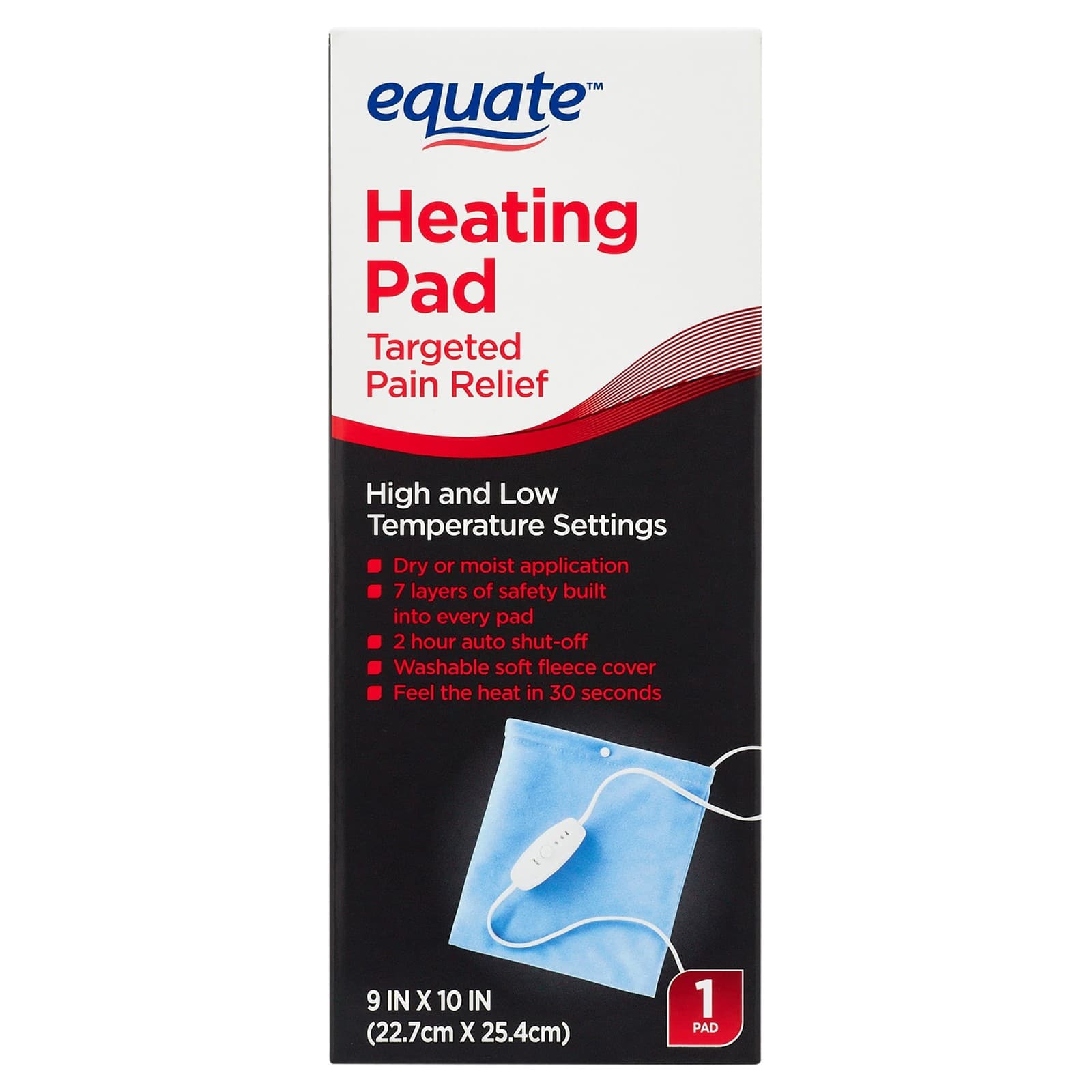 Equate Heating Pad 9" x 10", Electric, Adjustable Heat Settings, Pain Relief