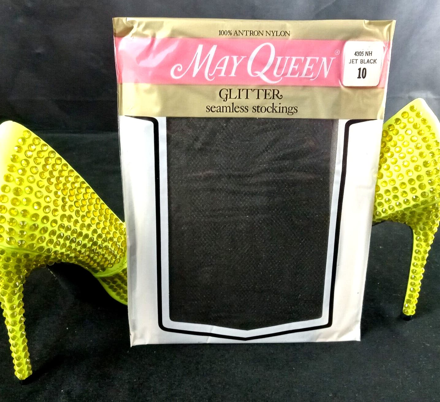 SZ 10 VTG GLITTER WET LOOK SEXY GLOSSY BLACK GARTER STOCKINGS 1 PR HOSIERY