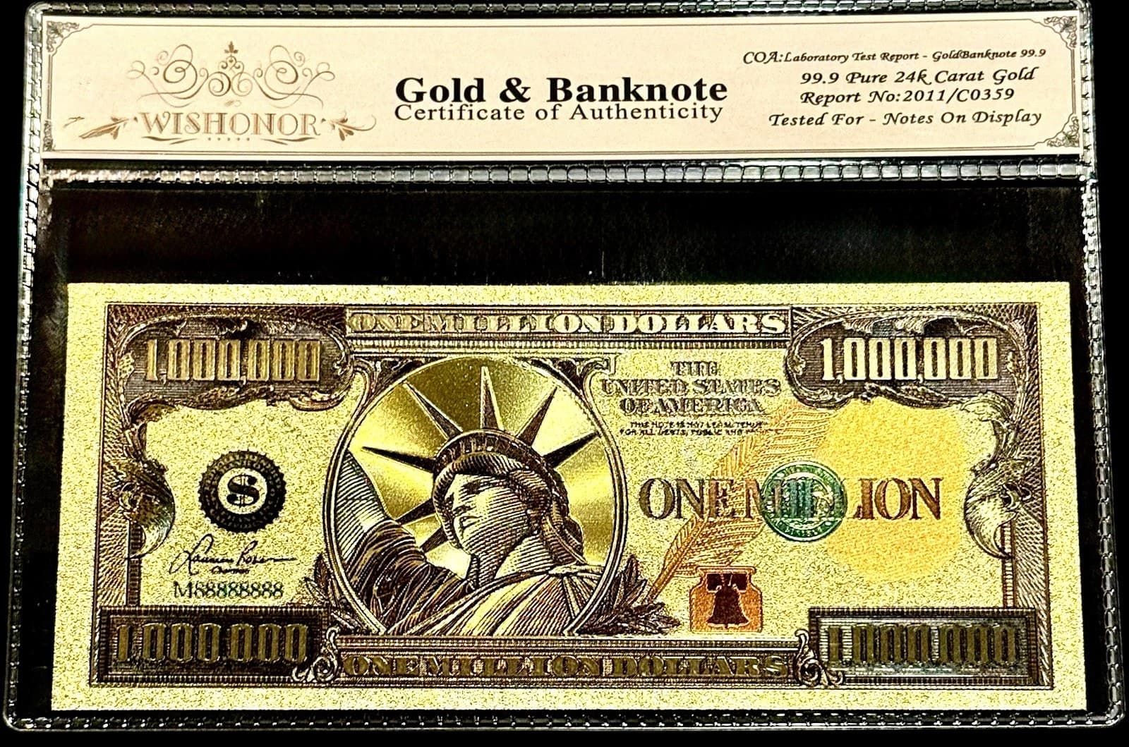NEW STYLE 1 MILLION DOLLAR STATUE OF LIBERTY US 24K GOLD BANKNOTE W COA