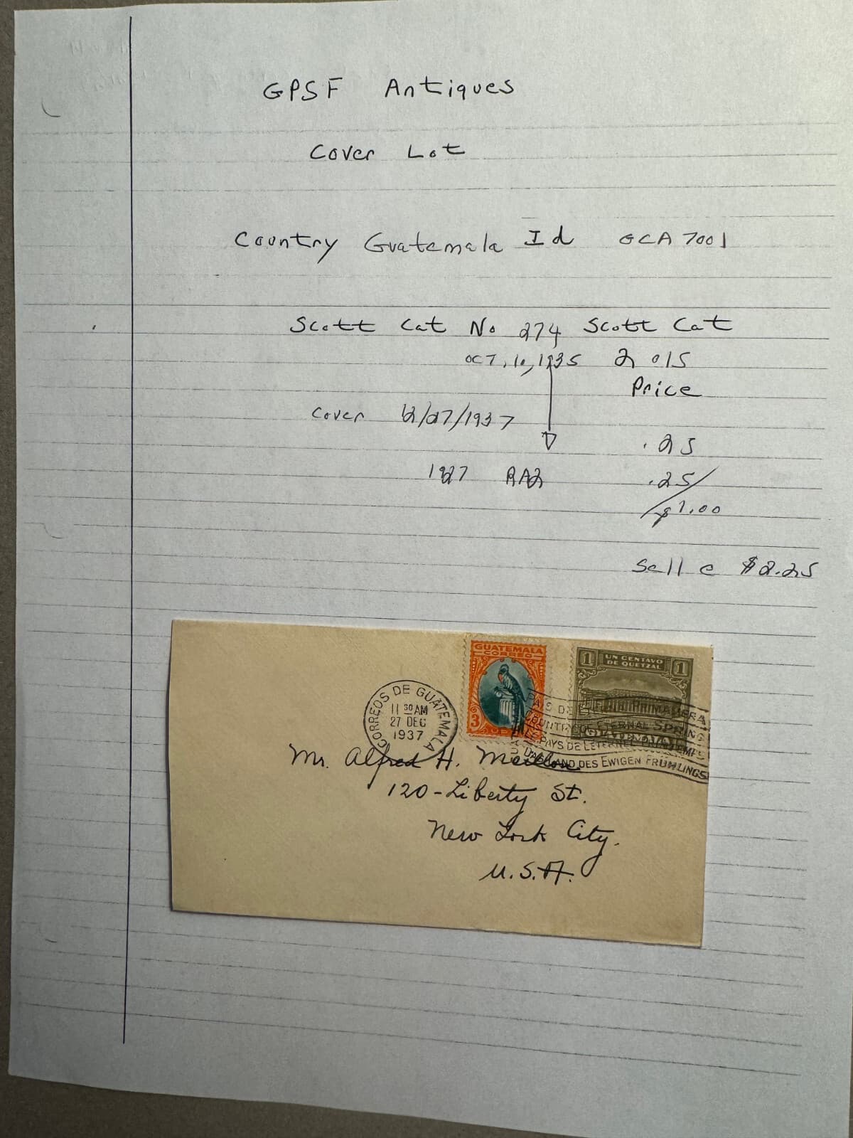 Guatemala 12/27/1937 cover to USA with Scott Cat 274,RA2 1927-1935