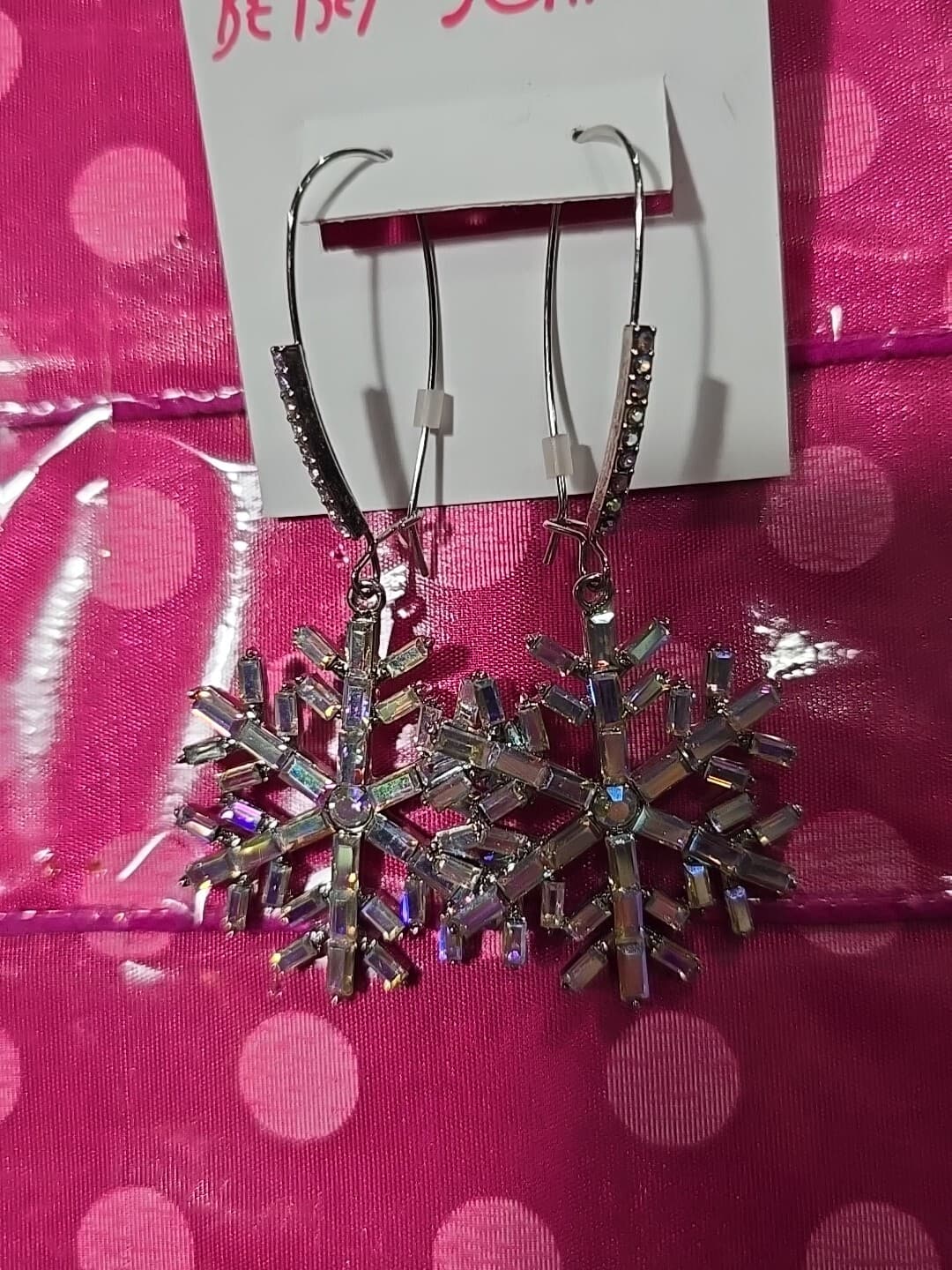 Betsey Johnson SilverTone Snowflake Drop Earrings Iridescent Crystal Accents NWT
