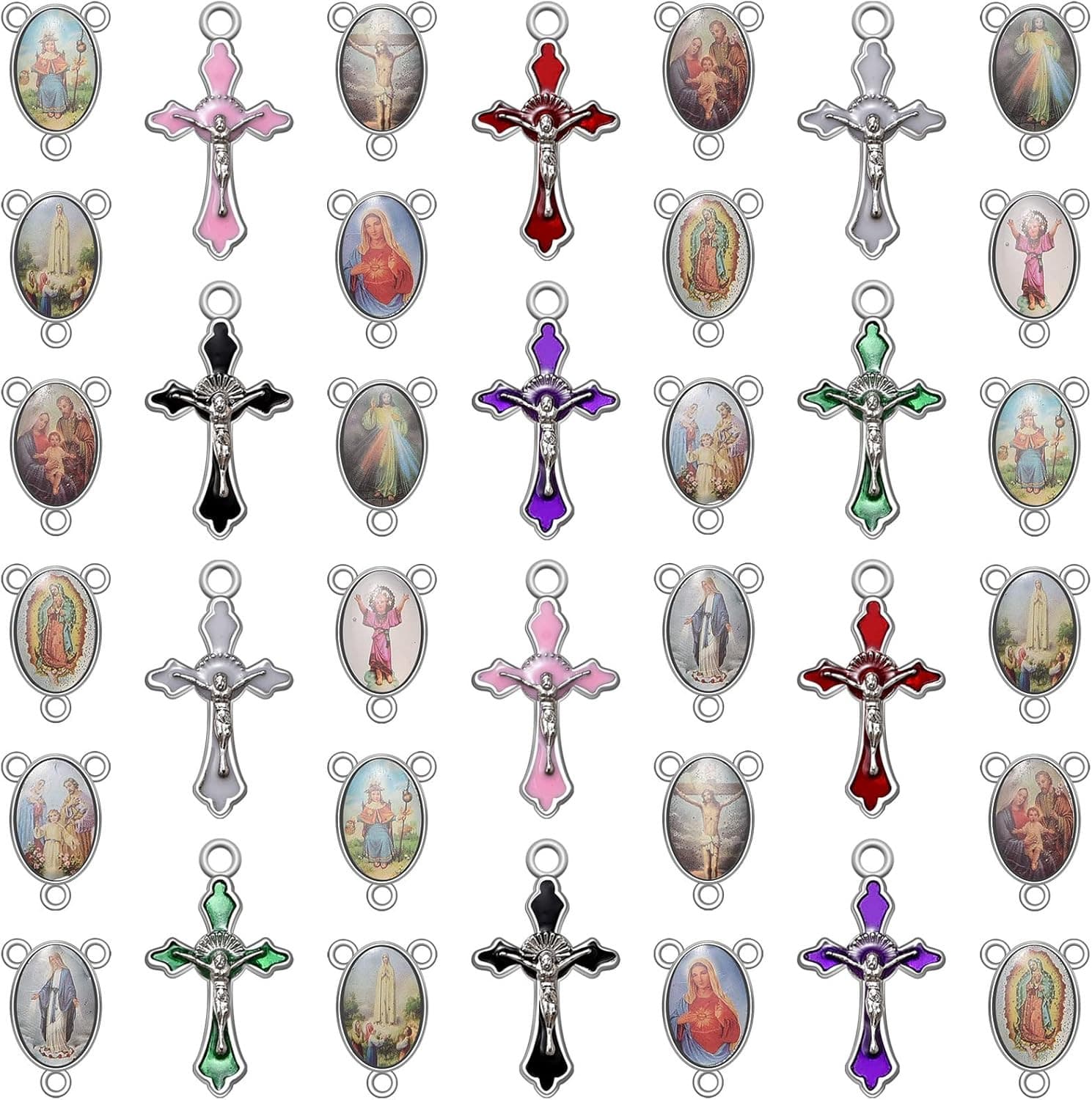 60Pcs/30Set Rosary Making Kits Supplies Religion Cross and Center Medal Charms