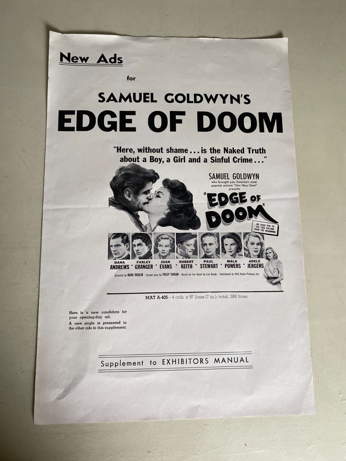 Edge of Doom Ad Supplement 1950 Dana Andrews, Farley Granger, Joan Evans, rare!