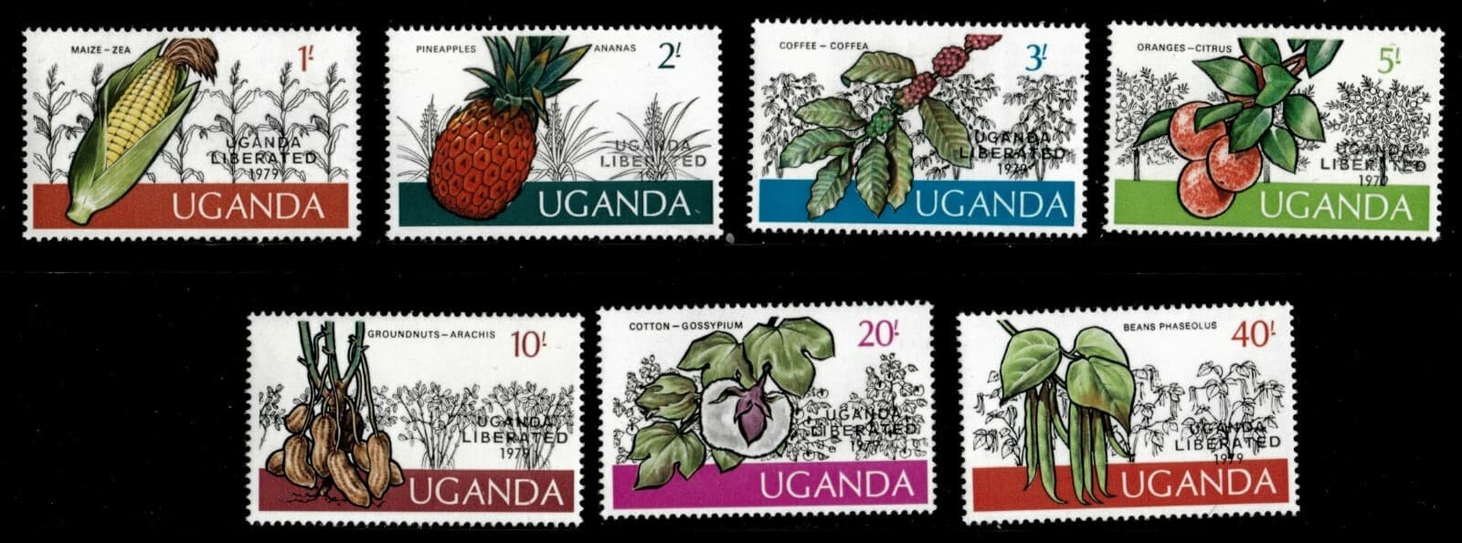 Uganda 1979 - UGANDAN CROPS LIBERATED OVERPRINT - Set of 7 Scott #234-40 - MNH