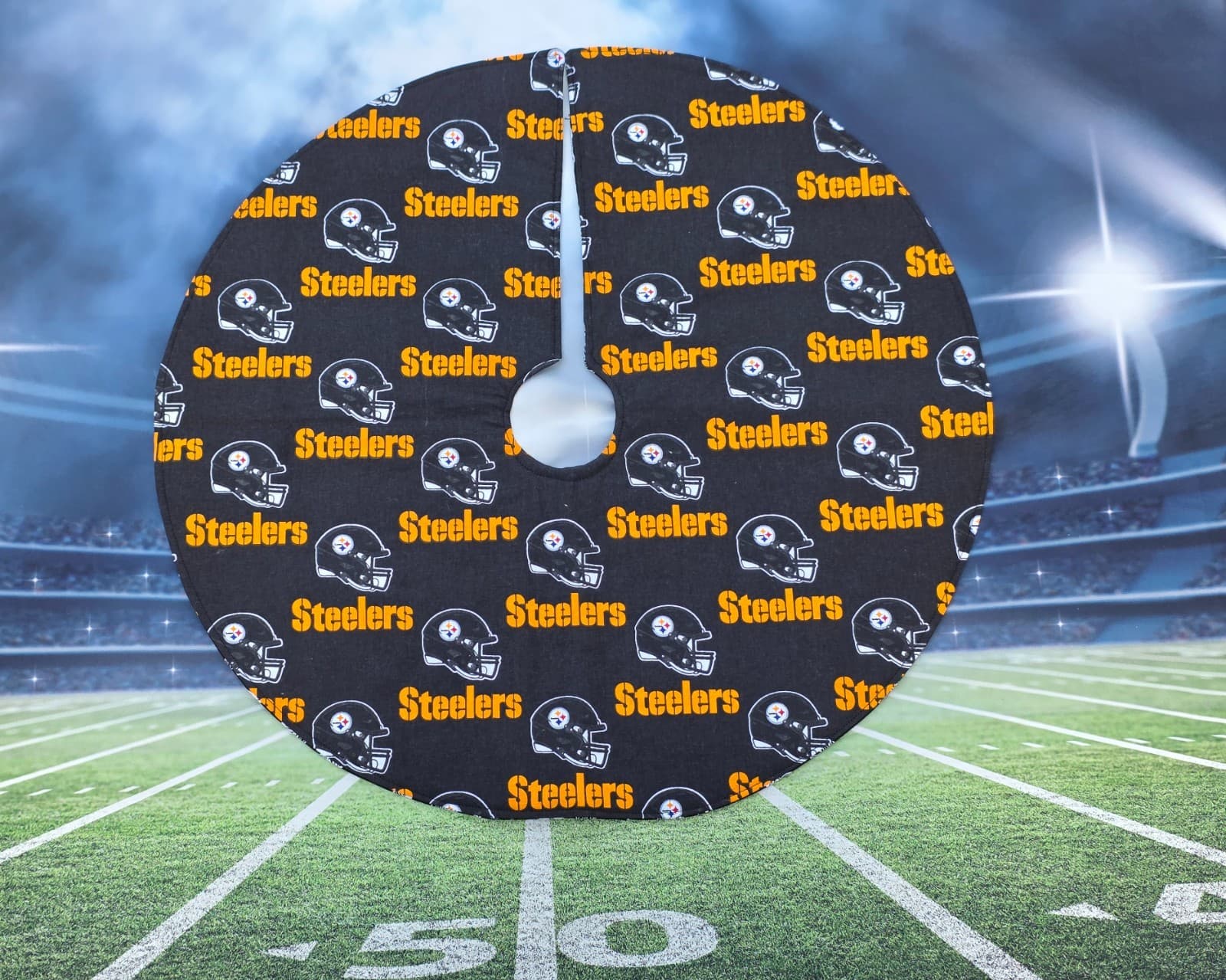 Handmade Mini 19" Christmas tree skirt NFL FOOTBALL Pittsburgh Steelers Feathers