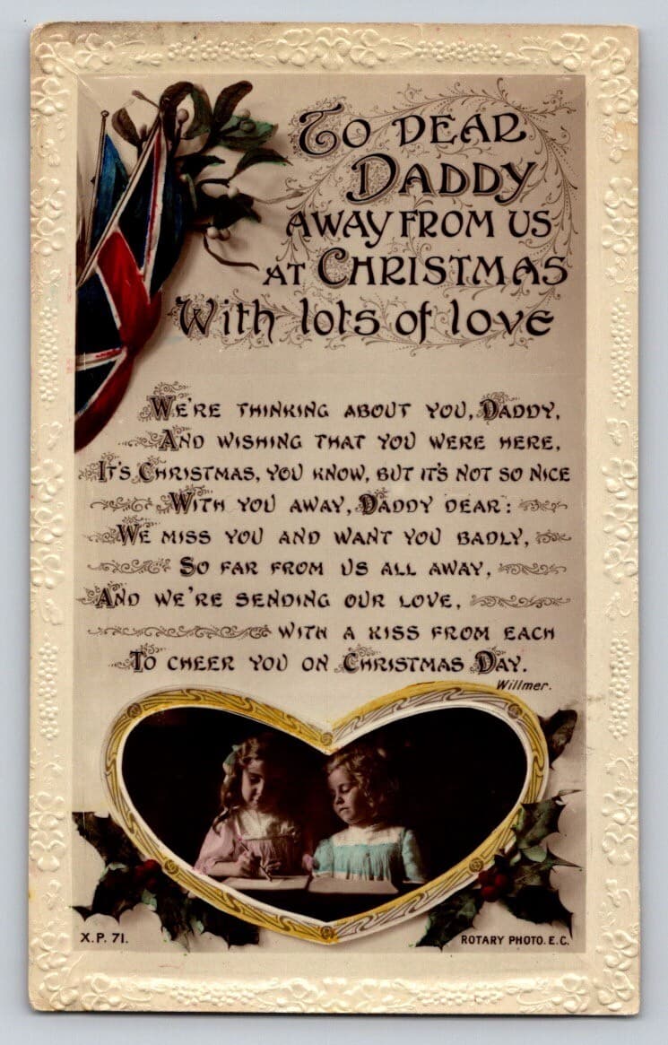 Rotary Real Photo Daddy Away From Us Christmas UK WWI Flag Postcard c1915 P47