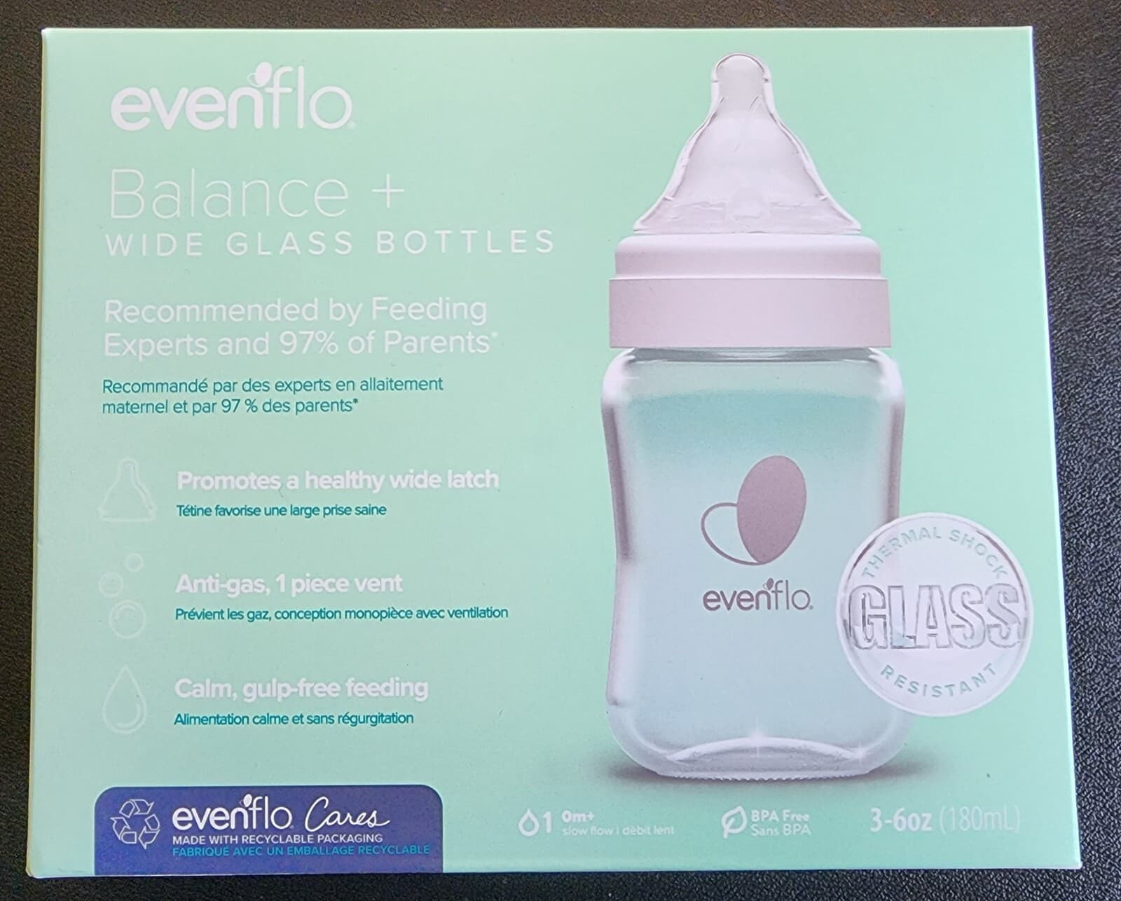 Evenflo Balance Wide-Neck Glass Anti-Colic Baby Bottles - 6oz (3 Pack) ~NEW~