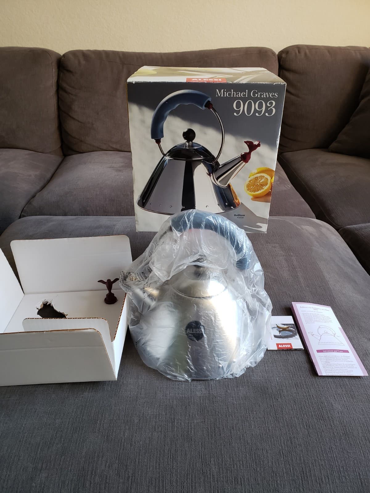 Alessi Michael Graves Kettle w/ Bird Whistle, Blue Handle Model 9093 AUTHENTIC