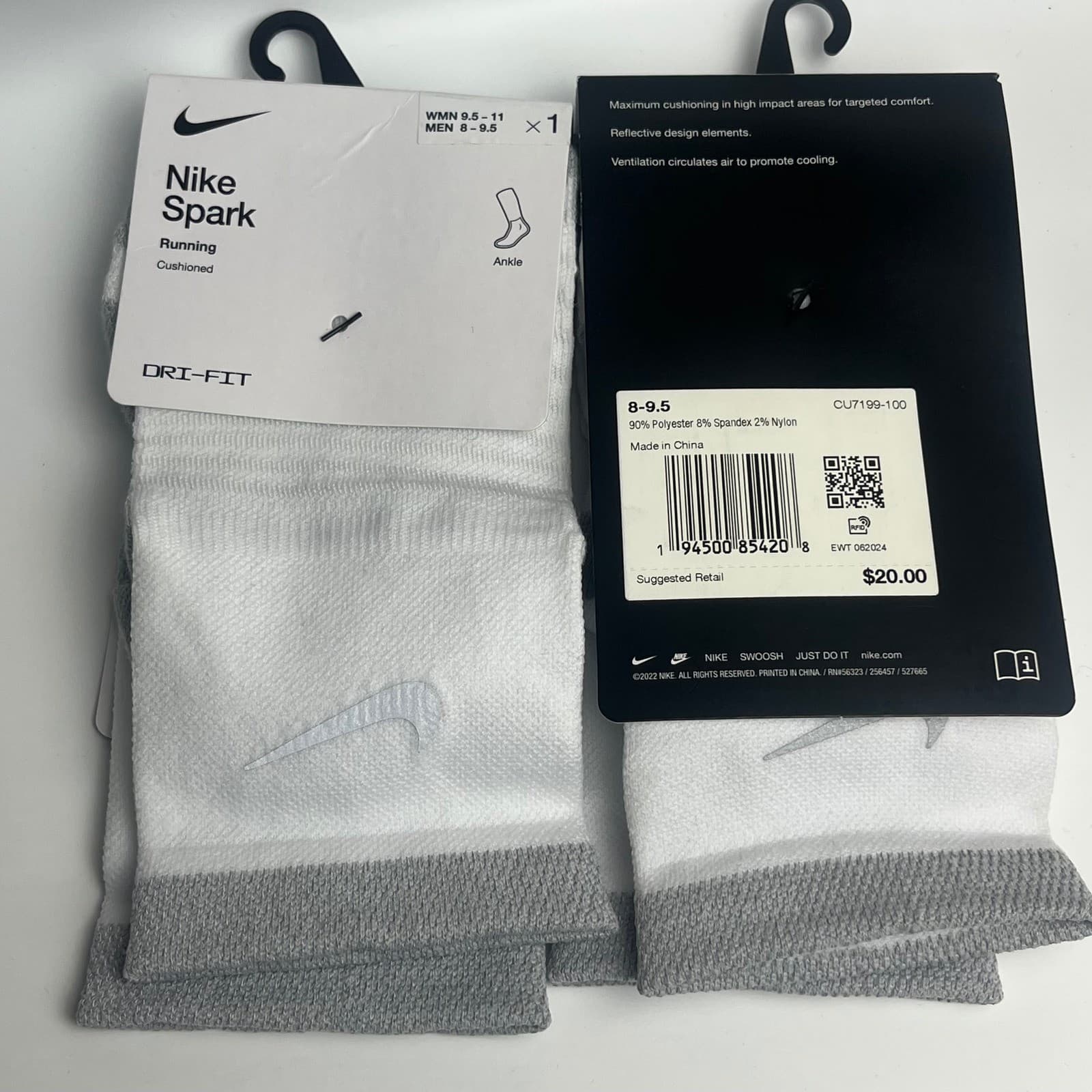 2 Nike Spark Ankle Running Socks White Gray Cushioned Dri-FIT W 9.5-11 Men 8-9.5