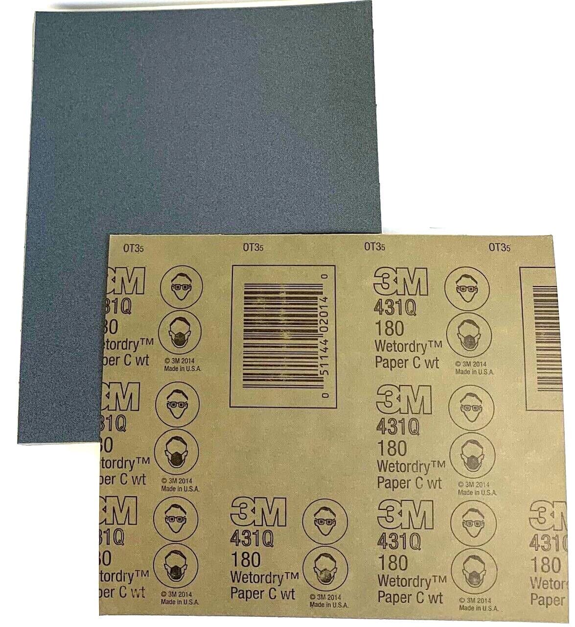 9 x 11" WET OR DRY SANDPAPER SHEETS - 180 GRIT -3M #02014 - 50 SHEETS