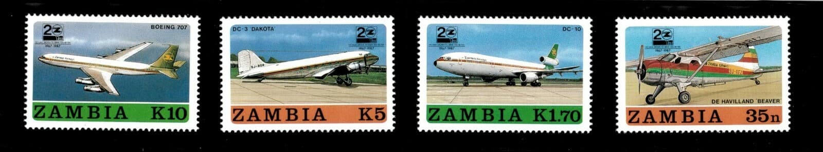 Zambia 1987 - Zambia Airways 25th Anniversary - Set of 4v - Scott 397-400 - MNH