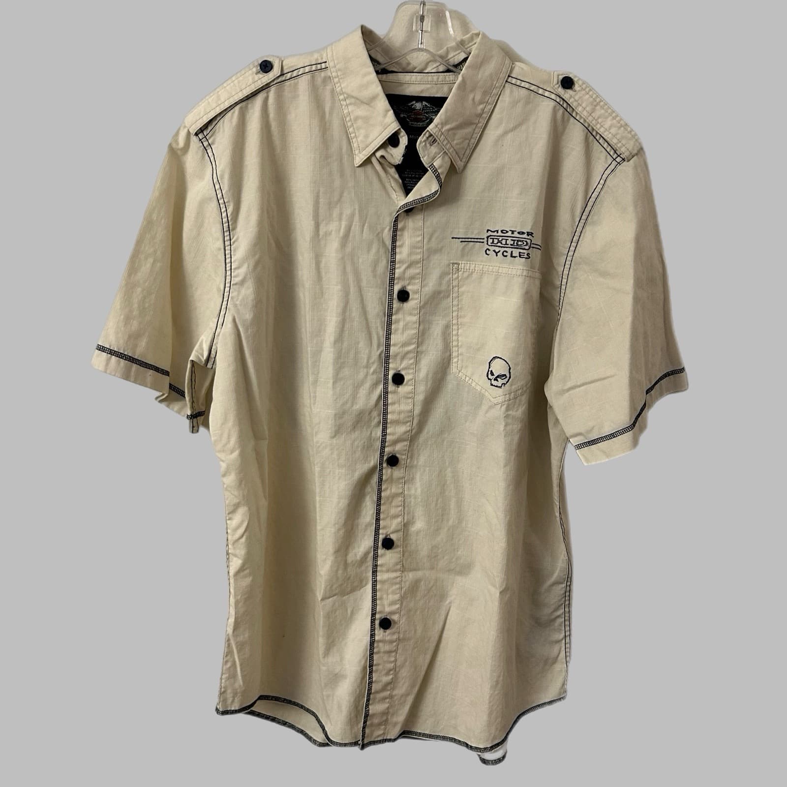 Mens Harley Davidson Shirt Large Motorcycle Skull Button Up Pocket Blue Stitch