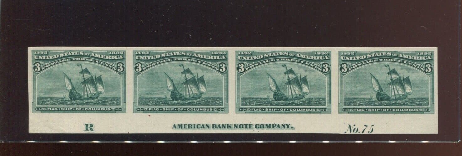 232P3 Columbian Proof on India Plate # & Imprint Strip of 4 Stamps LV9962
