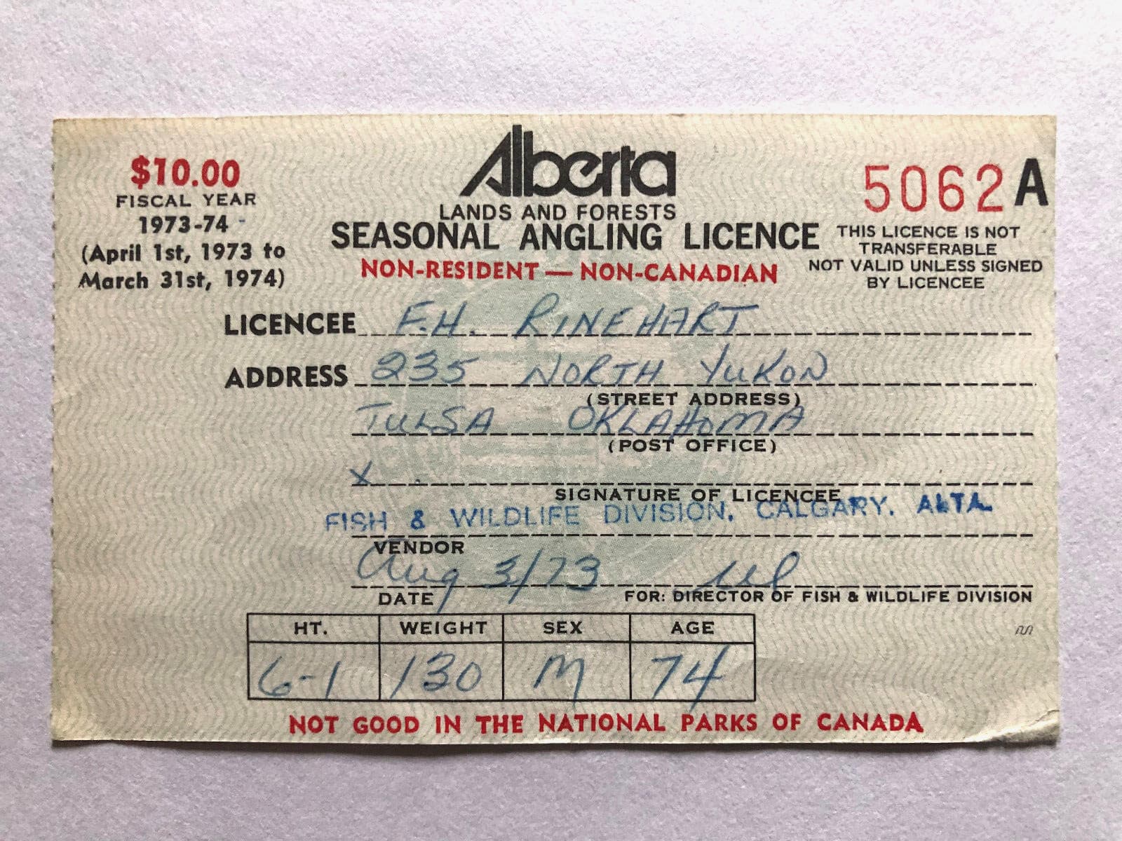 Alberta Canada Lands Forests Seasonal Angling License 1973 Non-Resident