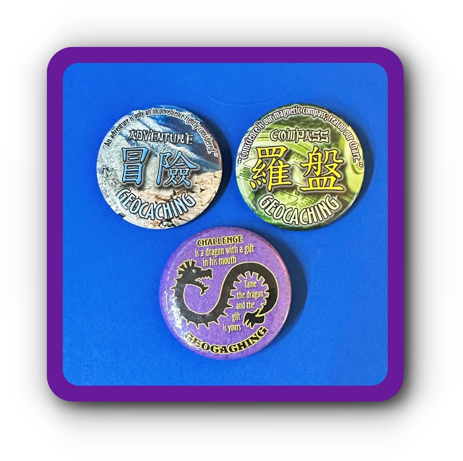 Geocaching Swag - 3 Large Buttons with Asian Theme