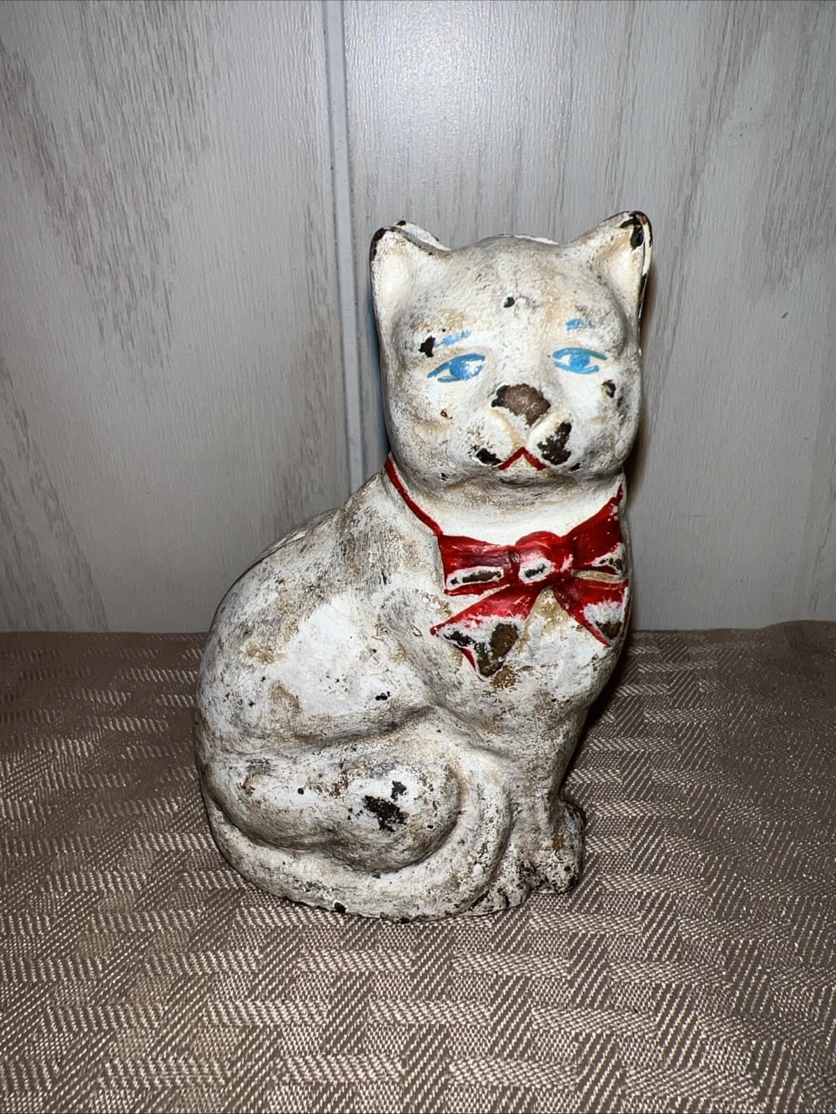 Antique Hubley? Cast Iron White Cat Red Bow Glass Eyes Coin Bank Kitty Worn
