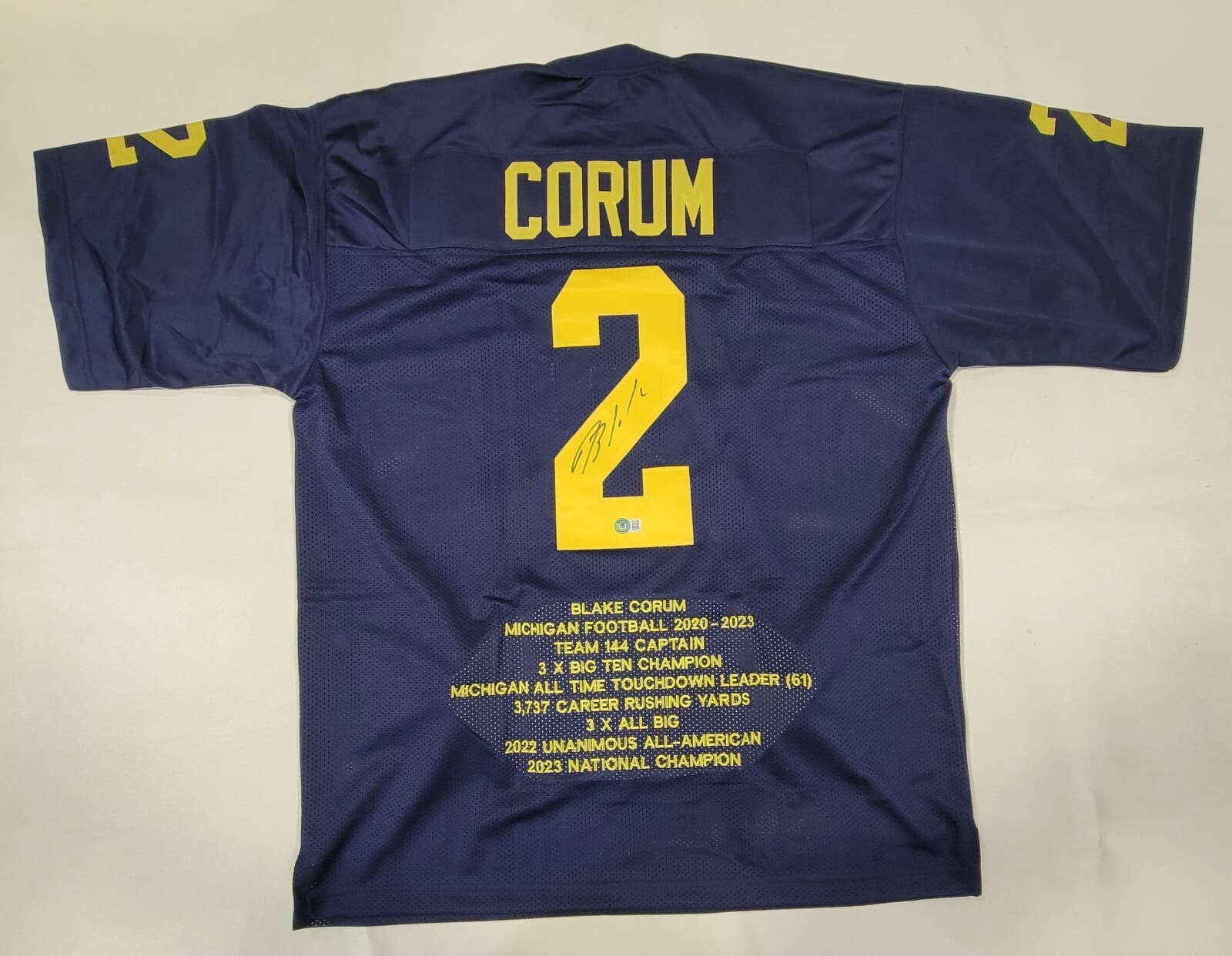 BLAKE CORUM SIGNED COLLEGE STYLE CUSTOM STAT XL JERSEY BECKETT QR