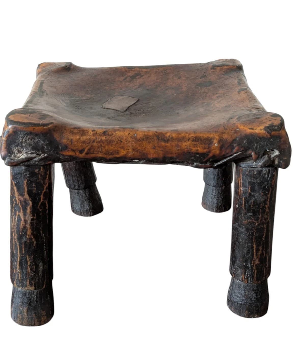 Antique Ethiopia Afar Tribe Leather Top Four Wood Legged Stool Beautiful Patina