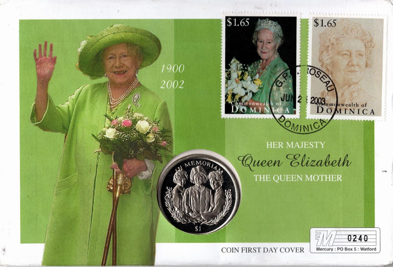 DOMINICA 2003 HER MAJESTY QUEEN ELIZABETH THE QUEEN MOTHER COIN FIRST DAY COVER