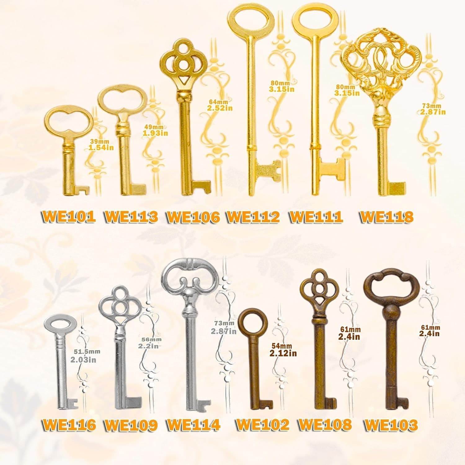 Skeleton Key Set 12-Key Universal Replacement for Old Doors-Furniture-Cabinets