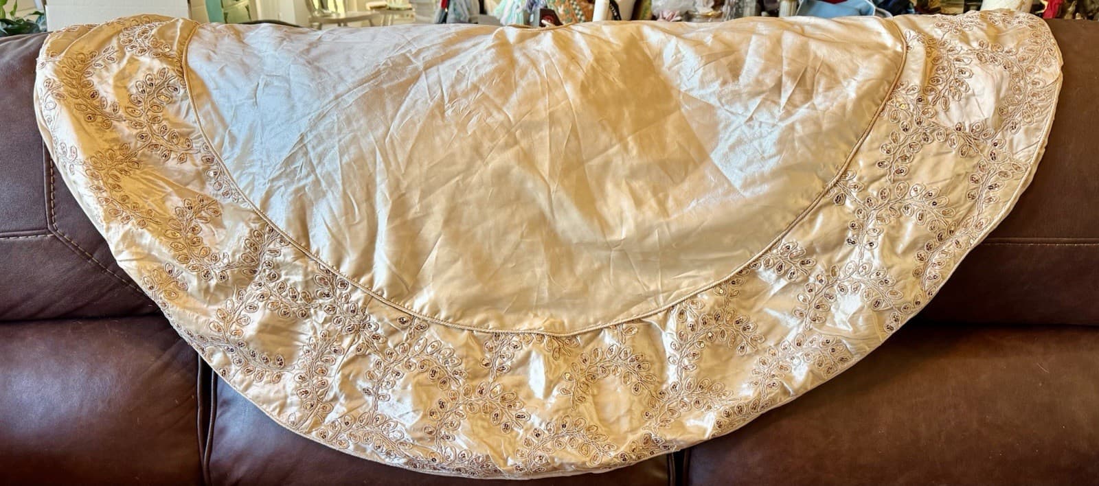 Vintage Ivory Gold Embroidered Sequin Tree Skirt 54” Stratford Home Accents